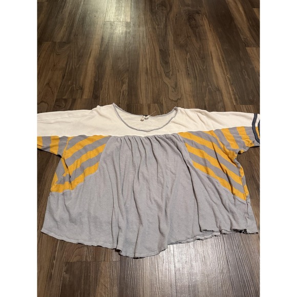 Free People Womens Medium Gray Yellow Striped MVP Peplum Boho Oversized Linen - Picture 2 of 8
